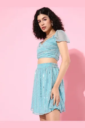 Sera Women Blue & Silver Sequinned Wrap Crop Top & Skirt