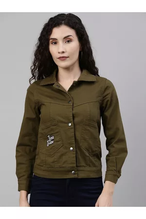 Campus Women Olive Green Applique Detail Denim Jacket