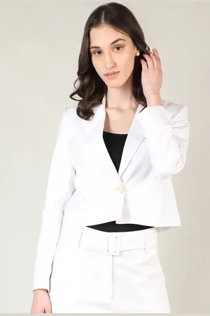Dlanxa Women White Solid Single-Breasted Crop Blazer
