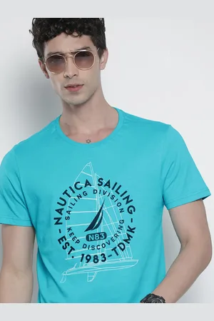 Nautica Men Turquoise Blue Brand Logo Printed Pure Cotton T-shirt