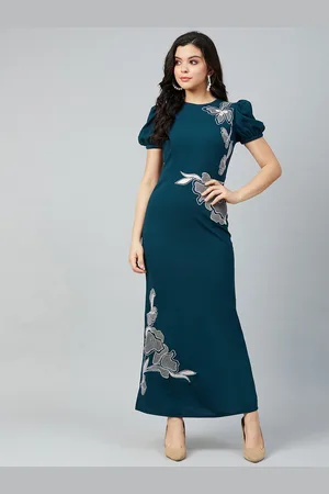 ATHENA Teal Blue & White Embroidered Maxi Dress