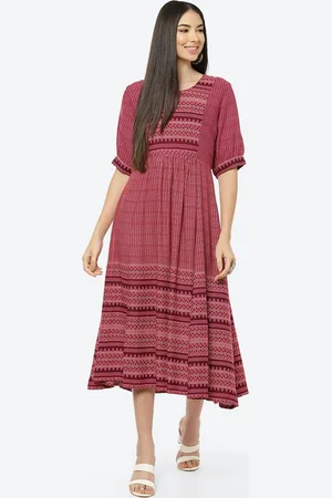 Rangriti Maroon Ethnic Fit and Flare Midi Dress
