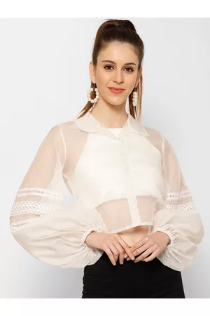KASSUALLY Women White Regular Fit Solid Crop Casual Shirt