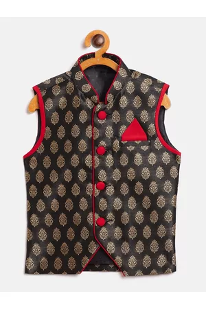YK Boys Black & Beige Woven Design Nehru Jacket