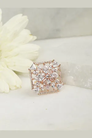 Priyaasi Rose-Gold-Plated White American Diamond-Studded Handcrafted Square Finger Ring