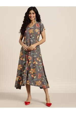Sangria Women Charcoal Grey & Orange Printed A-Line Dress
