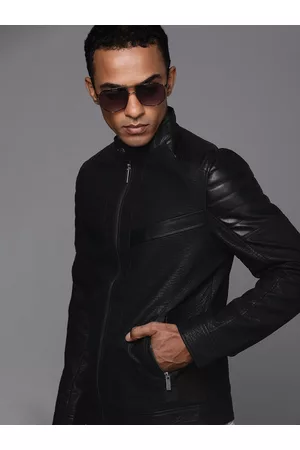 WROGN Men Black Solid Stand-Collar Smart Casual Leather Jacket