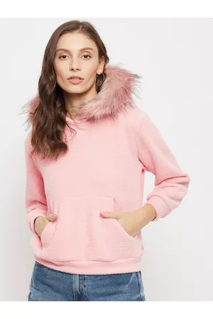 MADAME Women Pink Cotton Hooded Sweatshirt