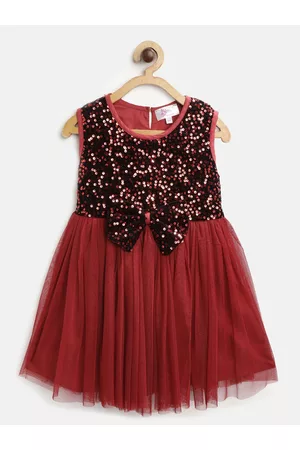 Bella Moda Girls Maroon Sequined Net Fit and Flare Dress with Bow Detail