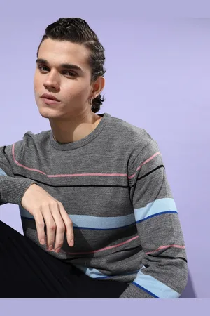 Mast & Harbour Men Grey Striped Pullover