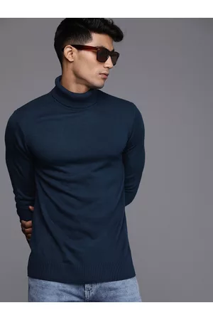 WROGN Men Navy Blue Slim Fit Turtle Neck Pullover