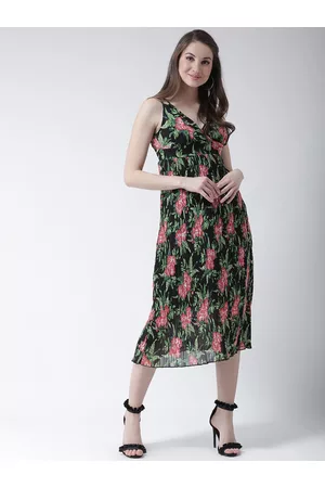 KASSUALLY Women Black & Green Floral Printed Wrap Empire Dress