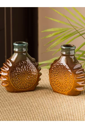 ExclusiveLane Set of 2 Brown & Teal Green Ceramic Studio Pottery Vases