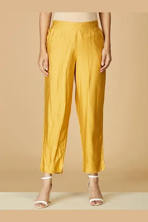 Fabindia Women Mustard Yellow Comfort Pleated Trousers