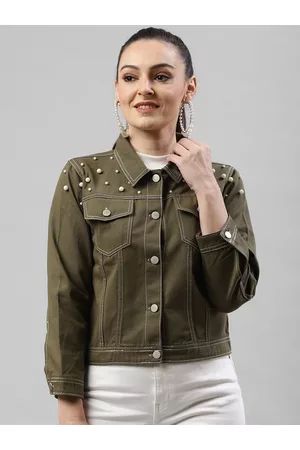 KASSUALLY Women Olive Green Solid Denim Jacket