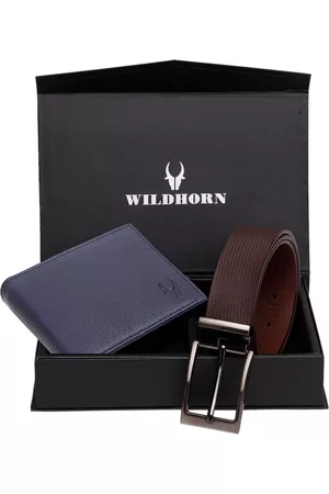 WildHorn Men Blue & Brown RFID Protected Genuine Leather Accessory Gift Set