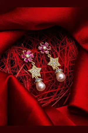 Aadita Gold-Plated & Pink Star Shaped Drop Earrings