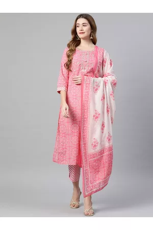 Vbuyz Women Pink Bandhani Printed Pure Cotton Kurta with Palazzos & With Dupatta