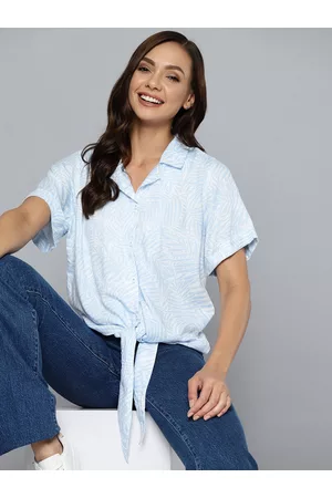 Mast & Harbour Women Blue & White Printed Cuban Collar Casual Shirt