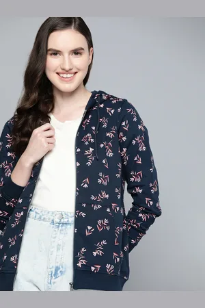 Mast & Harbour Women Navy Blue &Pink Printed Pure Cotton Hooded Sweatshirt