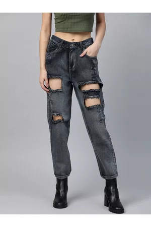 Sassafras Women Navy Blue Pure Cotton Relaxed Fit High-Rise Highly Distressed Jeans