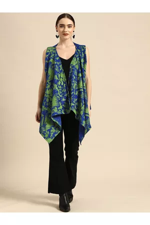 Sangria Women Blue & Green Acrylic Printed Longline Front-Open Sweater