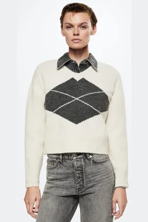 MANGO Women Off White & Charcoal Grey Argyle Sustainable Pullover