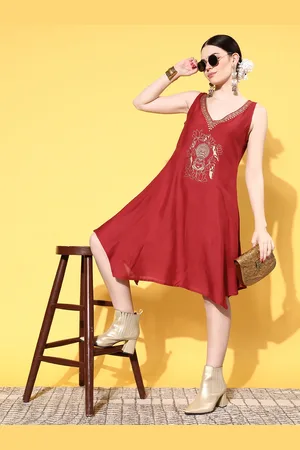 Sangria Red & Golden Printed Asymmetric Hem A-Line Dress