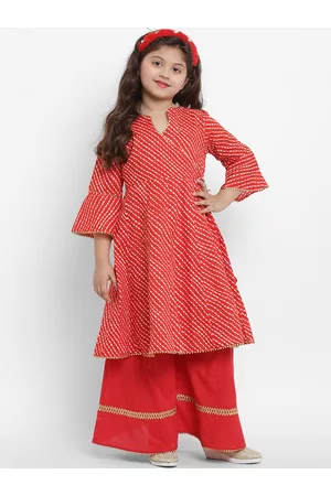 Bhama Girls Red & Off-White Striped Kurta with Palazzos