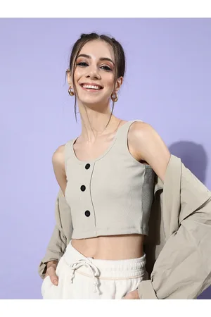 STREET 9 Woman Beautiful Grey Solid Cropped Top