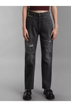 Kazo Women Grey High-Rise Mildly Distressed Light Fade Jeans