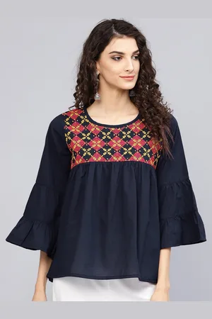 Bhama Couture Women Navy Blue Embroidered A-Line Top