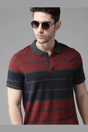 Roadster Men Maroon & Navy Blue Striped Polo Collar T-shirt