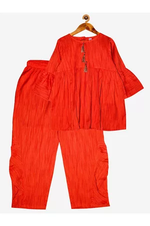 KiddoPanti Girls Orange Striped Kurta& Pyjamas