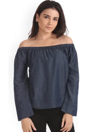 Flying Machine Women Navy Blue Solid Bardot Top