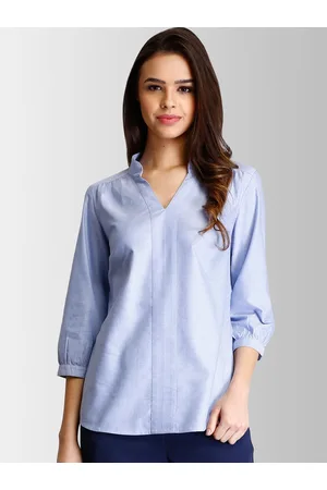 FableStreet Women Blue Solid Pure Cotton Top