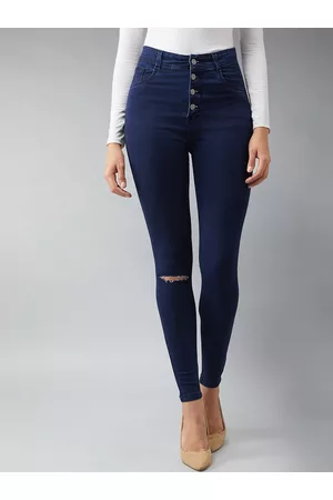 DOLCE CRUDO Women Navy Blue Skinny Fit High-Rise Stretchable Slash Knee Jeans