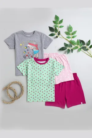 BUMZEE Girls Pack of 2 Grey & Pink Cotton T-Shirt & Shorts Set