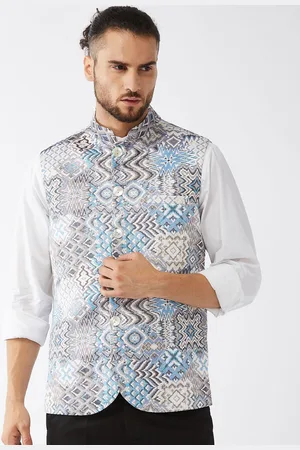Vastramay Men White & Blue Printed Satin Slim-Fit Nehru Jacket