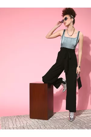 Berrylush Women Black Solid High-Rise Pleated Trousers with Suspenders