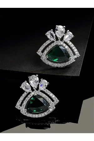 Zeneme Women Green Silver-Plated American Diamond Studded Triangular Stud Earring