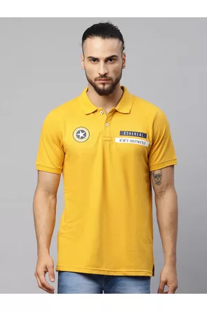 Rodamo Men Mustard Yellow Typography Polo Collar Applique T-shirt