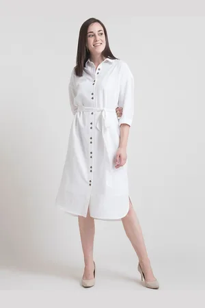 FableStreet Women White Solid Pure Cotton Shirt Dress