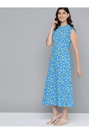 Mast & Harbour Women Blue & Yellow Floral Printed A-Line Dress
