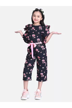 Cutiekins Girls Black & Pink Printed Capri Jumpsuit with Ruffles