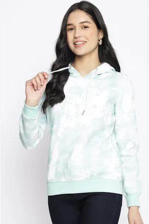 Latin Quarters Women Sea Green & White Printed Cotton Hooded Sweatshirt