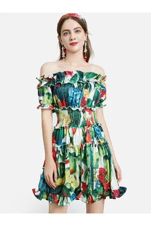 JC Collection Women Green & Red Floral Off-Shoulder Dress