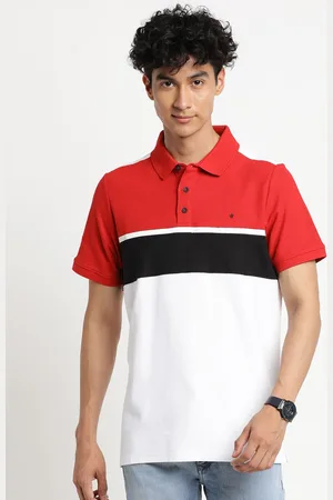 Turtle AW22 Men Red & Black Colourblocked Cotton Polo Collar Slim Fit T-shirt