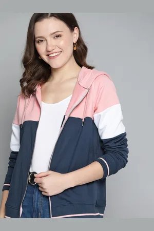 Mast & Harbour Women Pink & Navy Blue Colourblocked Hooded Sweatshirt
