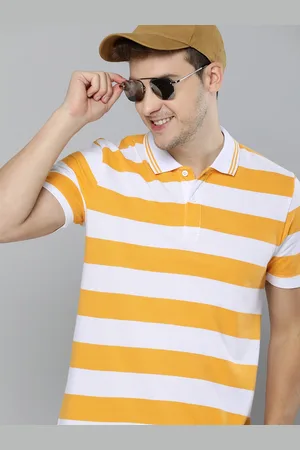 HERE&NOW Men White & Mustard Yellow Striped Polo Collar T-shirt